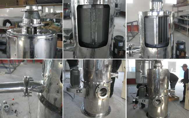 小型立式氣流篩細節：立式氣流篩篩網，立式氣流篩出料口，立式氣流篩電機。